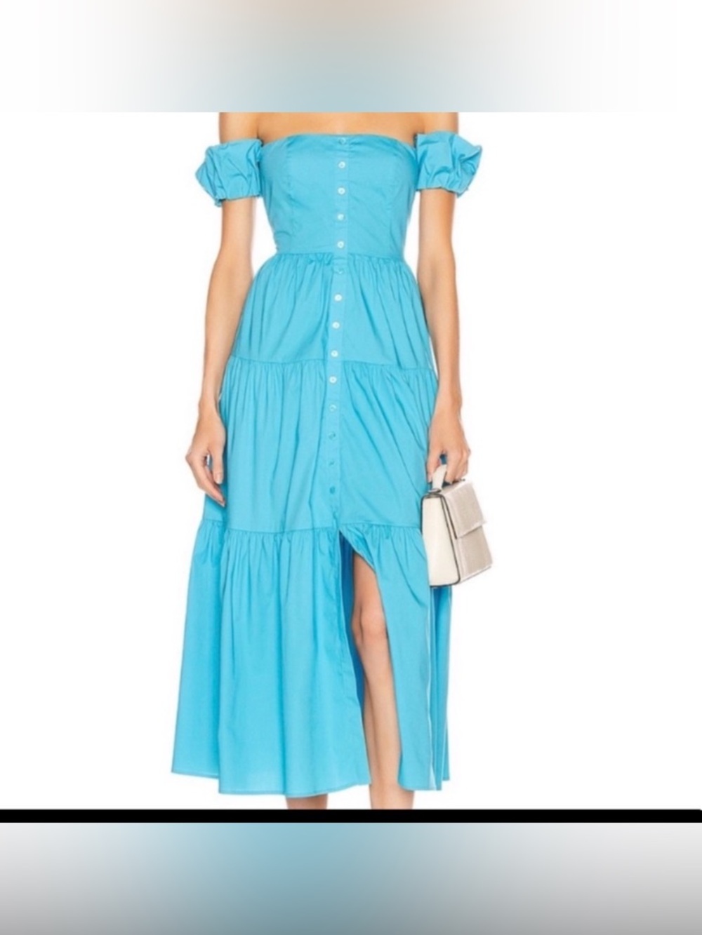 STAUD Light Blue Off-Shoulder Button-Front Tiered Dress